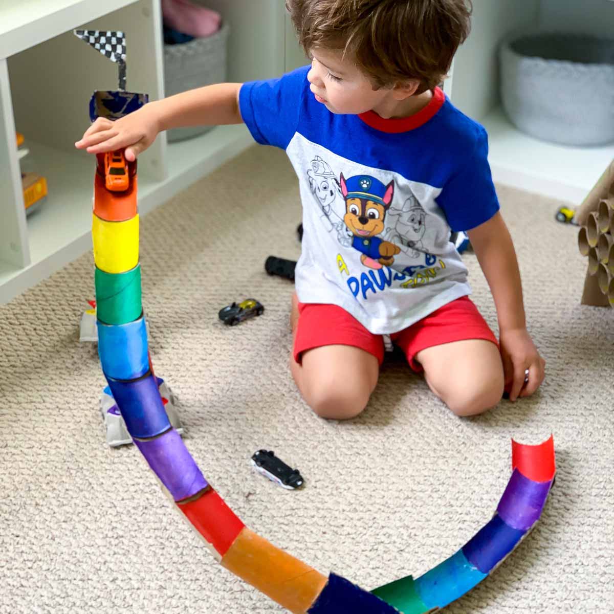 DIY Race Track Out of Toilet Paper Rolls