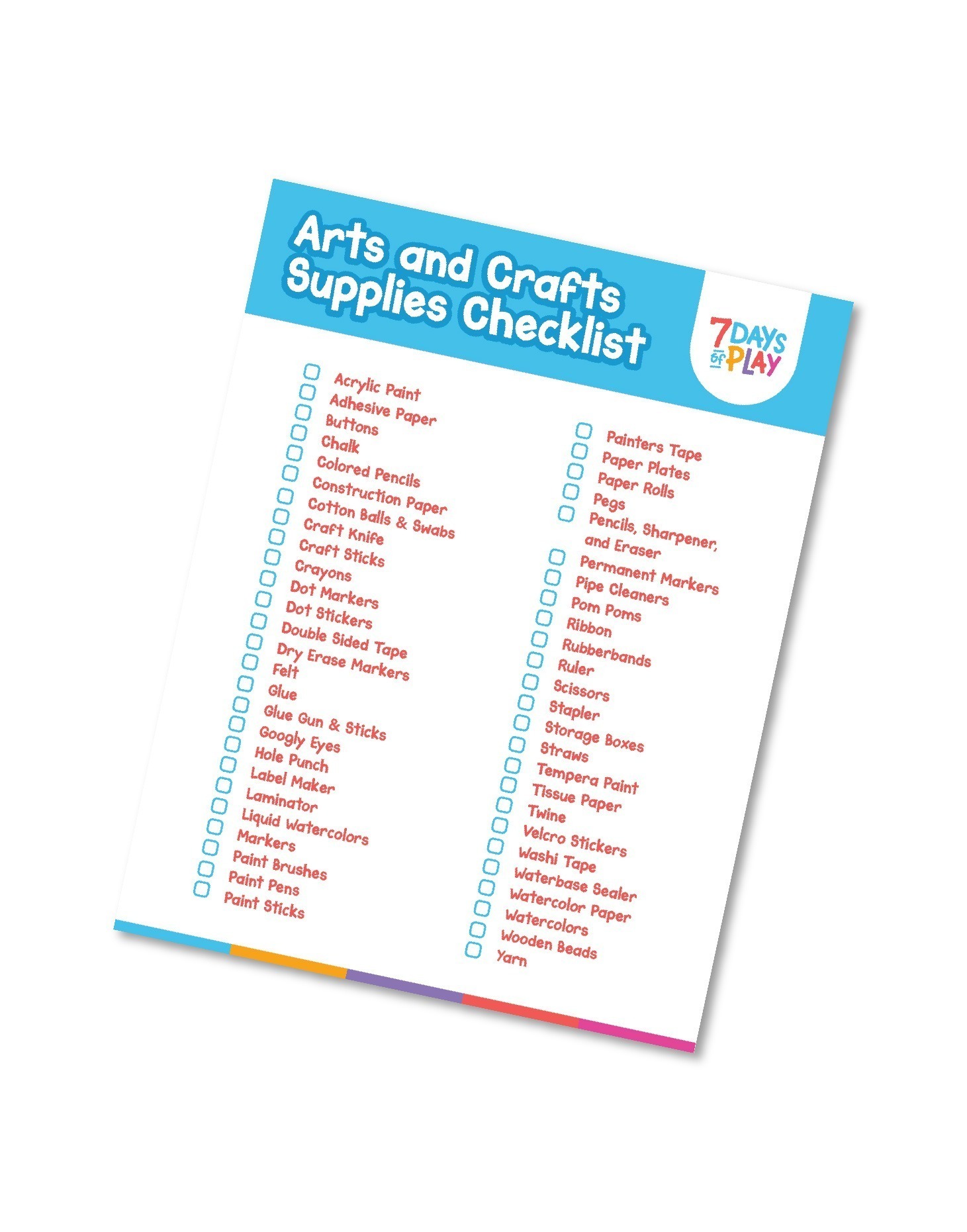 Art and Craft Supply Checklist - Printable - 7 Days of Play