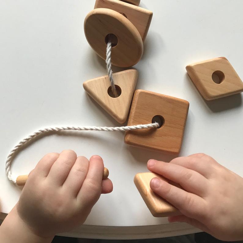 wooden shape threading for hand-eye coordination game