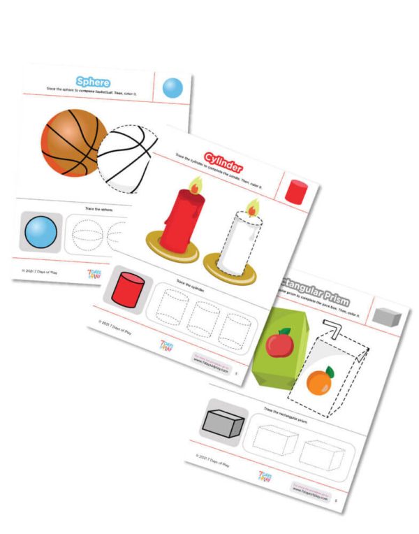 3D shape learning printable worksheets early math