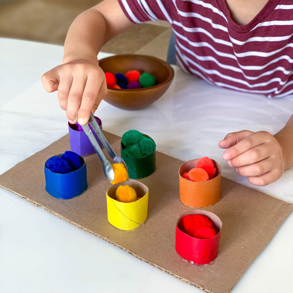 color matching activity with paper tubes and pom poms great for fine motor skills