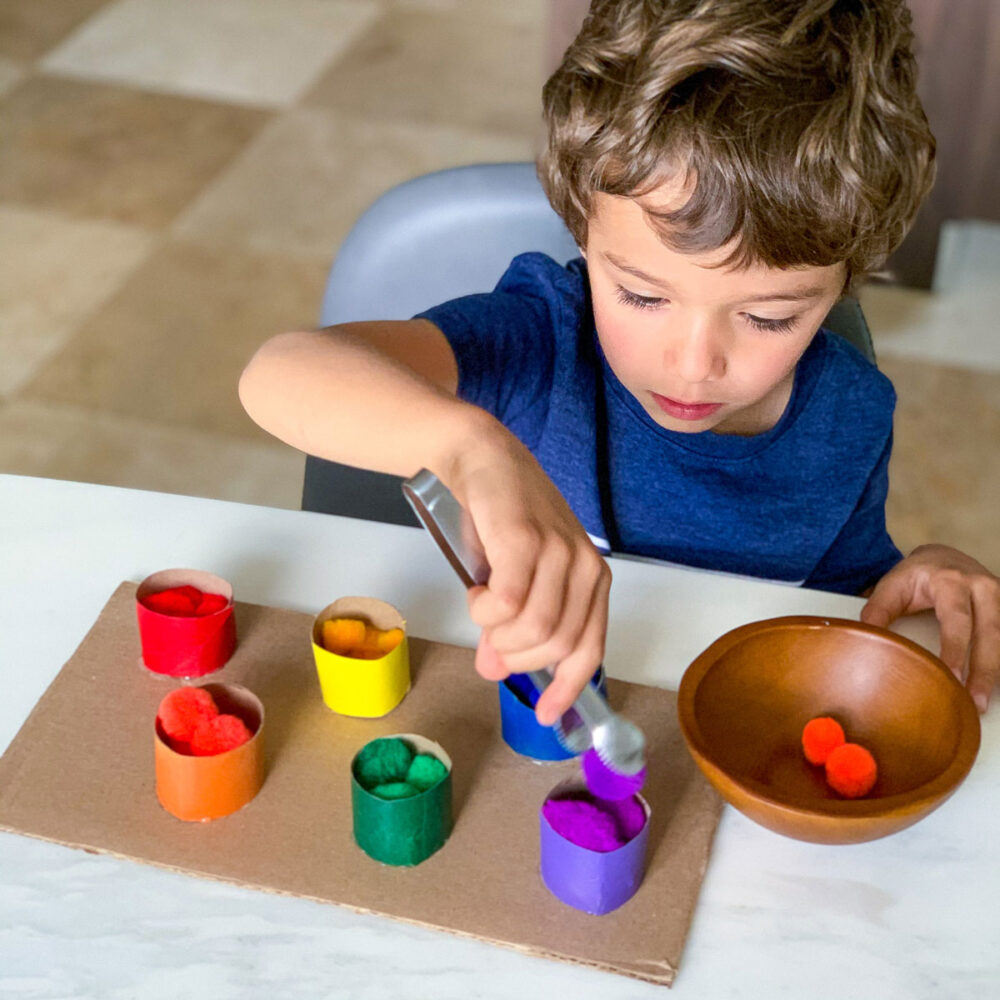 color matching activity with paper tubes and pom poms great for fine motor skills