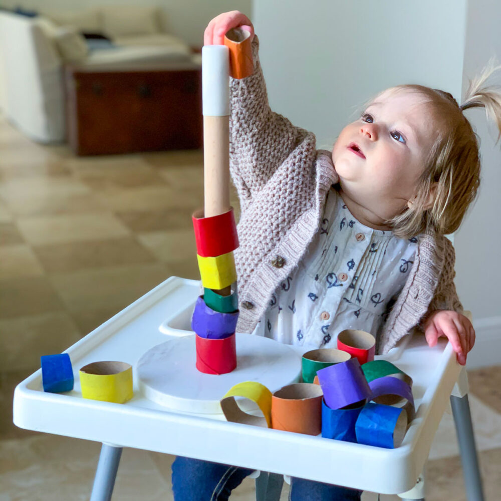toddler fun activity paper tube recycled hand eye coordination stacker