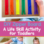 girl playing with life skill activity, a diy zipper board
