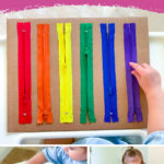 girl playing with life skill activity, a diy zipper board