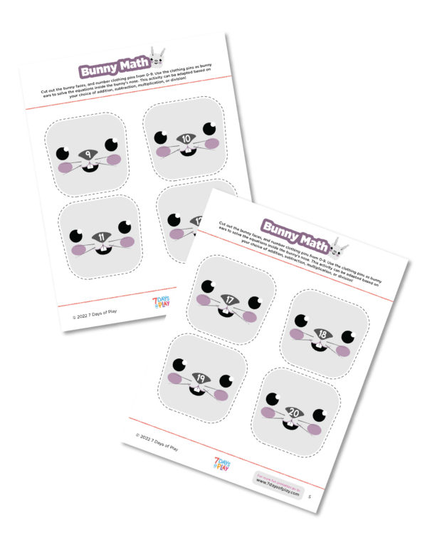This free printable is a fun, hands on way to do math problems! Use clothing pins as bunny ears to solve the equations whether addition, subtraction, multiplication or division!