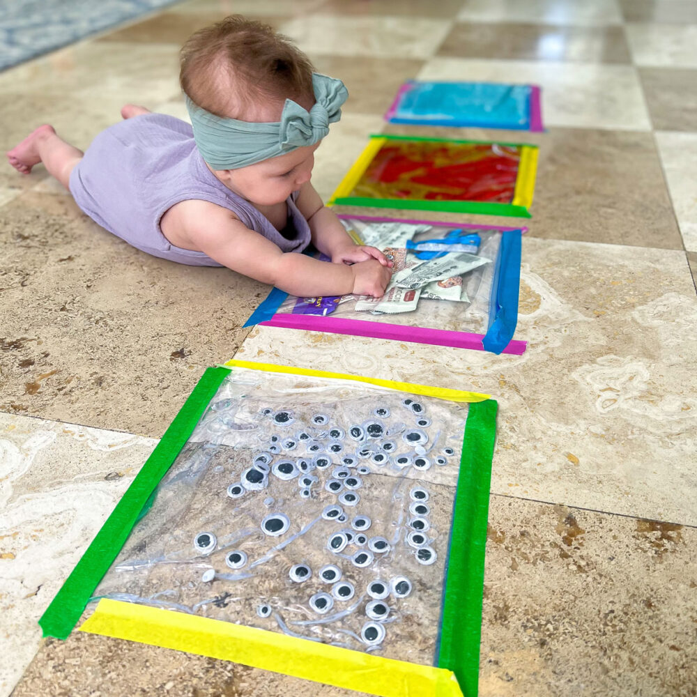These sensory bags for babies are so easy to make and are such a great distraction during tummy time. Here are 4 ways you can make them!