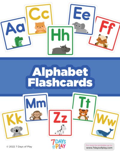 Free printable alphabet flash cards. This set includes both uppercase and lowercase letters on the same card with a fun animal illustration!
