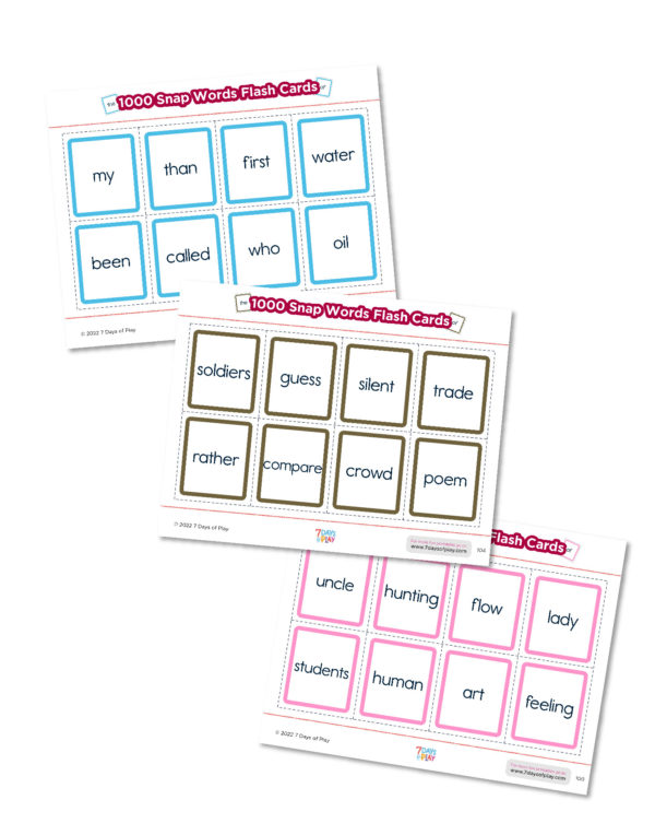 Snap words, also known as sight words, high frequency words, and instant words, are some of the first words kids learn to read! They are called "snap" words because the goal is for kids to remember them in a "snap!" They are learned through memorization unlike words that can be sounded out phonologically. This set of flash cards includes the Fry Word List of 1,000 instant words.