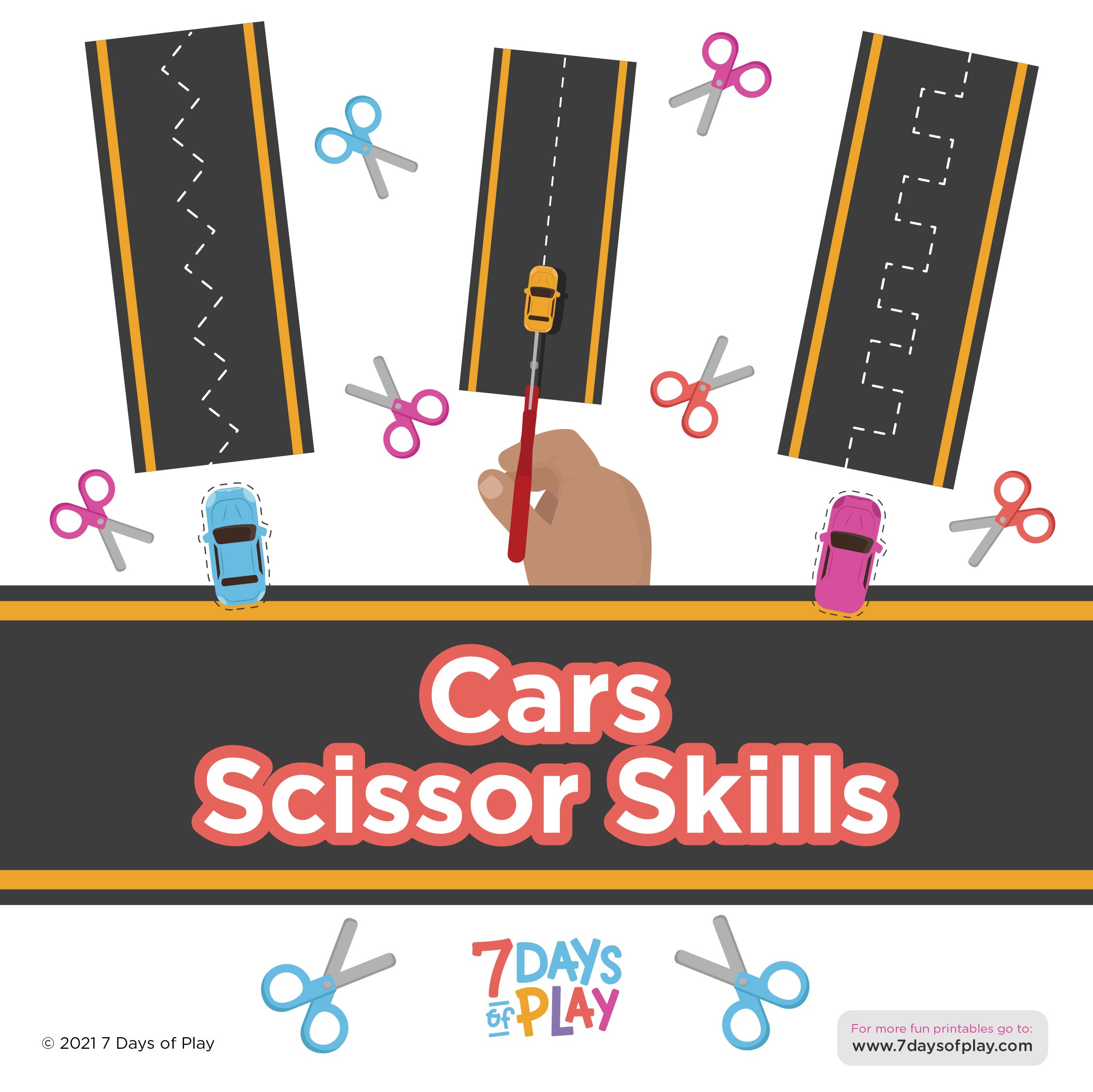scissor cutting skill activity using cars and roads