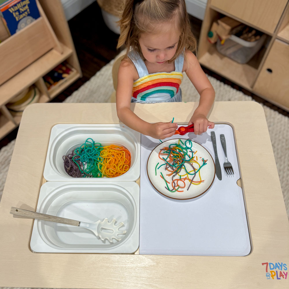 Spaghetti Sensory Play and How to Make Colorful Pasta