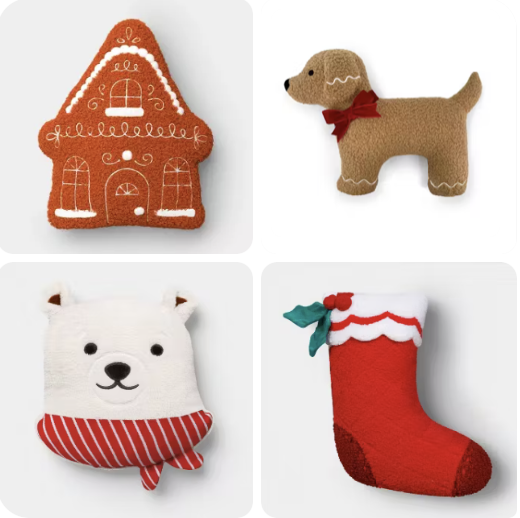 holiday-themed-throw-pillows-christmas holiday themed throw pillows gingerbread house, polar bear, stocking
