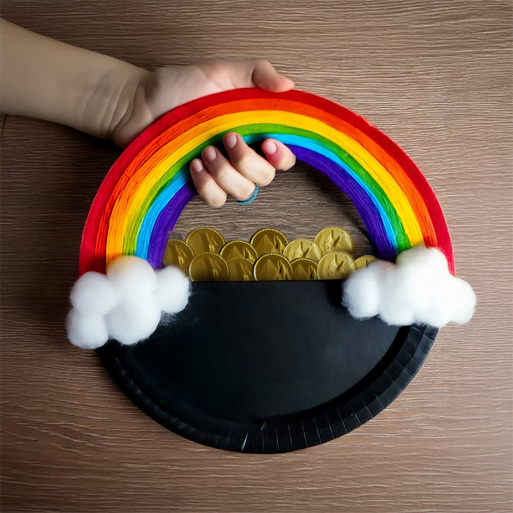 St.Patrick's day craft ideas rainbow pot of gold paper plate