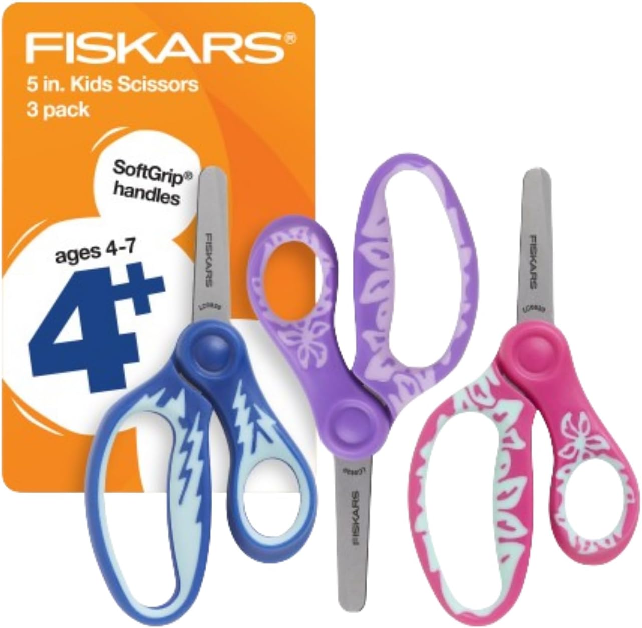 Fiskars 5" SoftGrip Blunt-Tip Scissors for Kids Ages 4-7 (3-Pack), Scissors for School or Crafting, Back to School Supplies, Blue, Purple, and Pink Designs