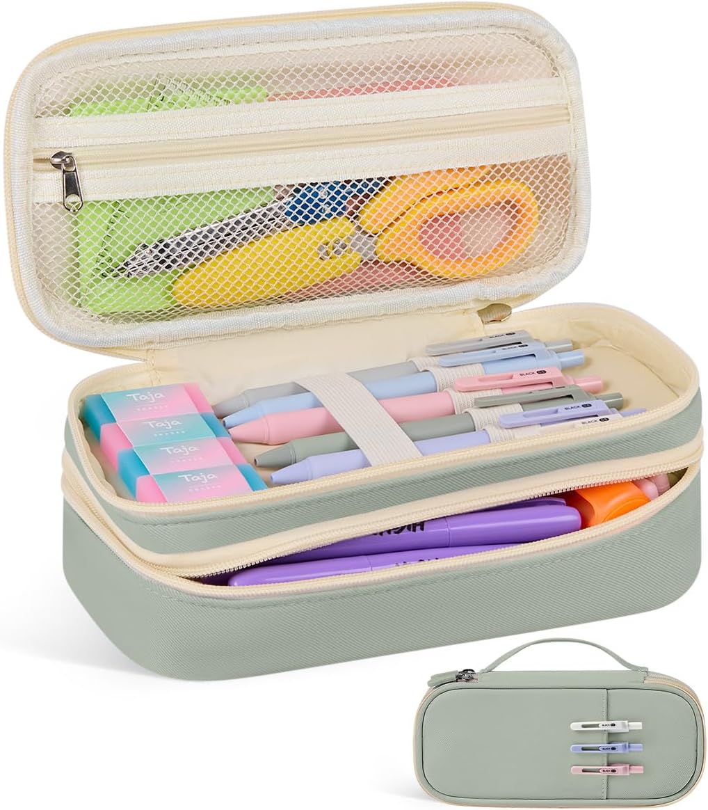 Large Pencil Case Pouch For Girls, Big Cute Pencil Pen Bag Organizer with Zipper Compartments & Handle, Aesthetic Stationery Storage & School Supplies for Teens Boys - Green
