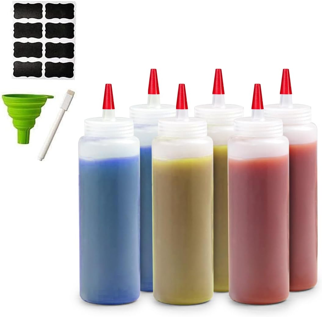 Condiment squeeze bottles filled with colorful yogurt mixtures for DIY dip n’ dots recipe