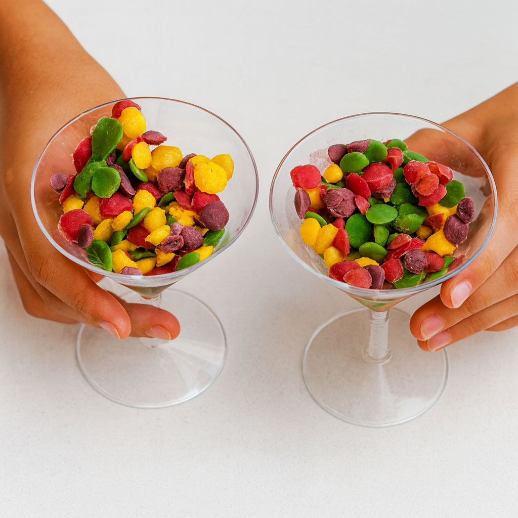Two martini glasses filled with colorful homemade yogurt dip n’ dots made from fruit and spinach, held by children’s hands
