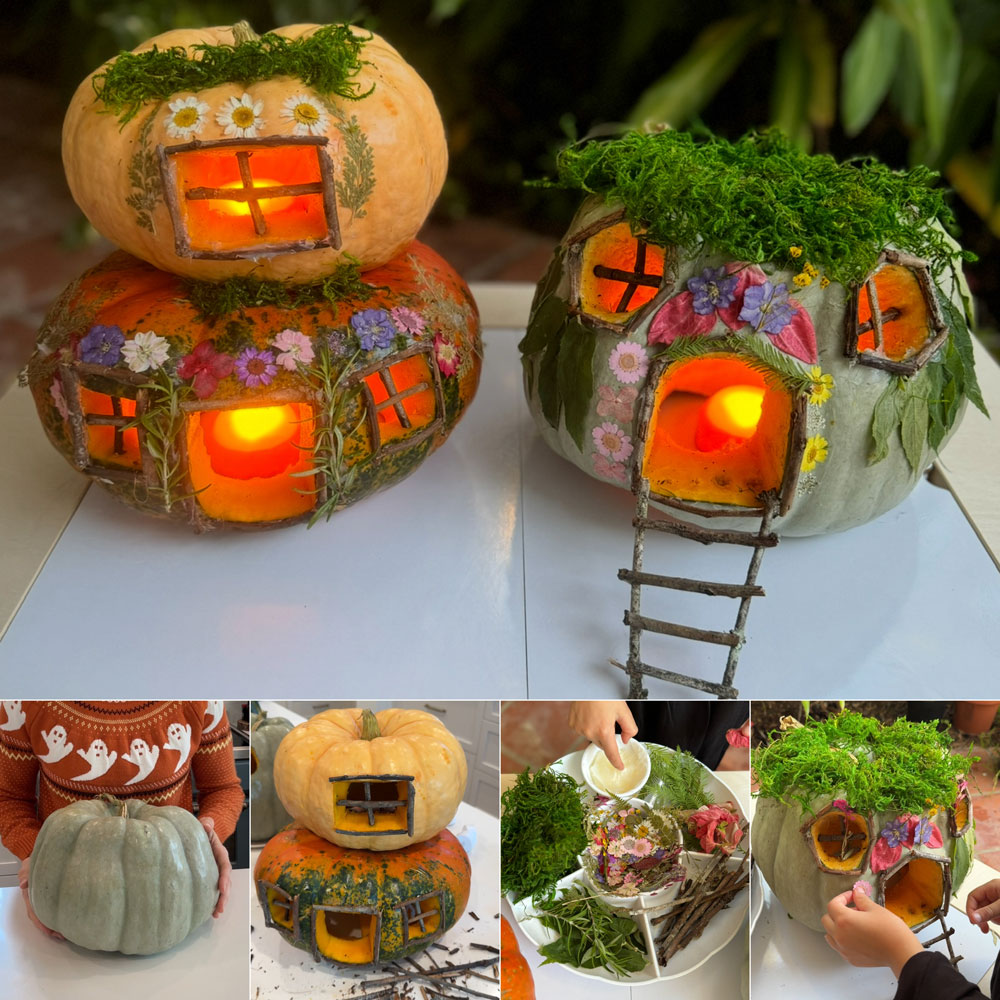 Child looking at a glowing fairy house pumpkin decorated with moss, dried flowers, and twigs.