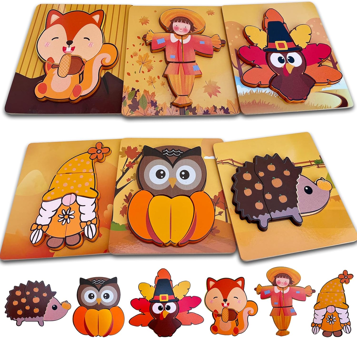 Wooden Thanksgiving puzzles with owl, turkey, squirrel, and scarecrow characters for kids.