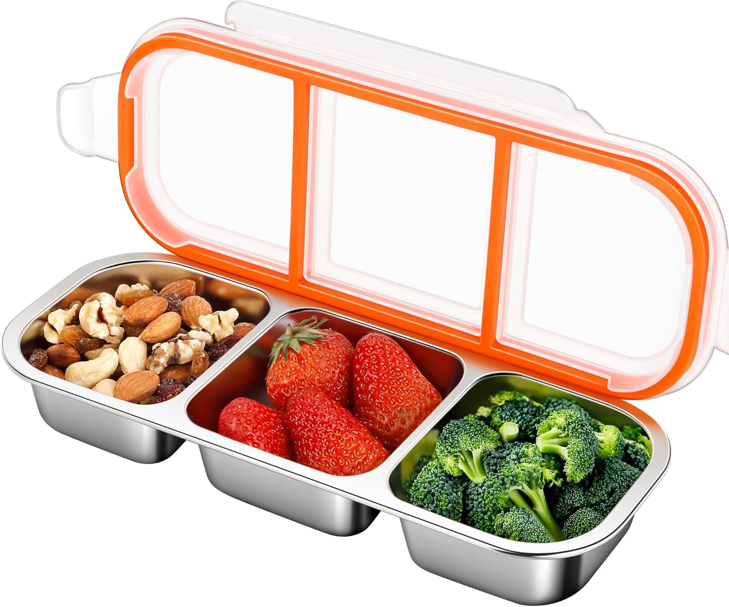 Three-Section Snack Container for Meal Prep Three-section stainless steel snack container filled with fruit, vegetables, and nuts