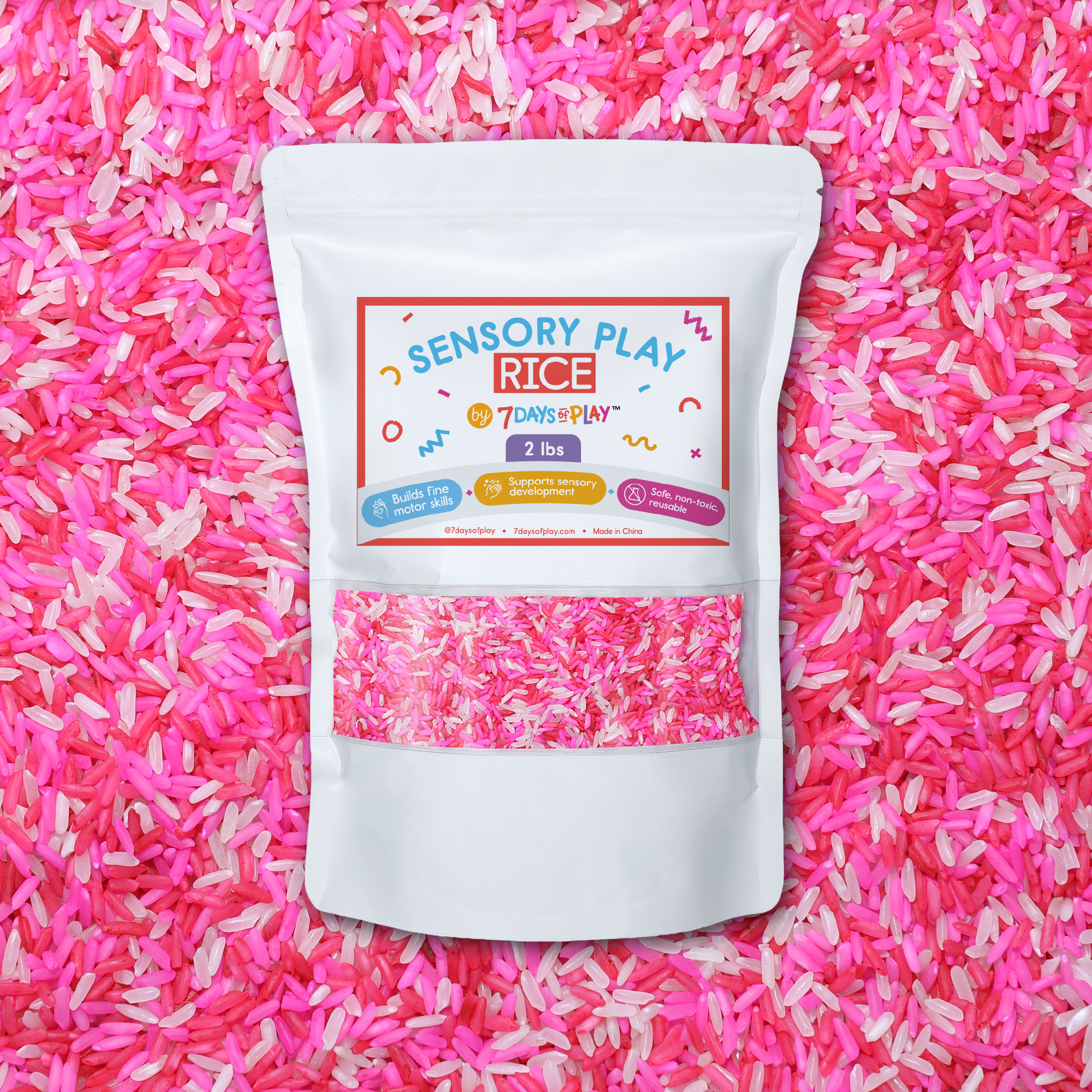Valentine Sensory Play Rice by 7 Days of Play Pink, red, and white Valentine sensory play rice in a 2 lb resealable bag from 7 Days of Play for kids sensory bins