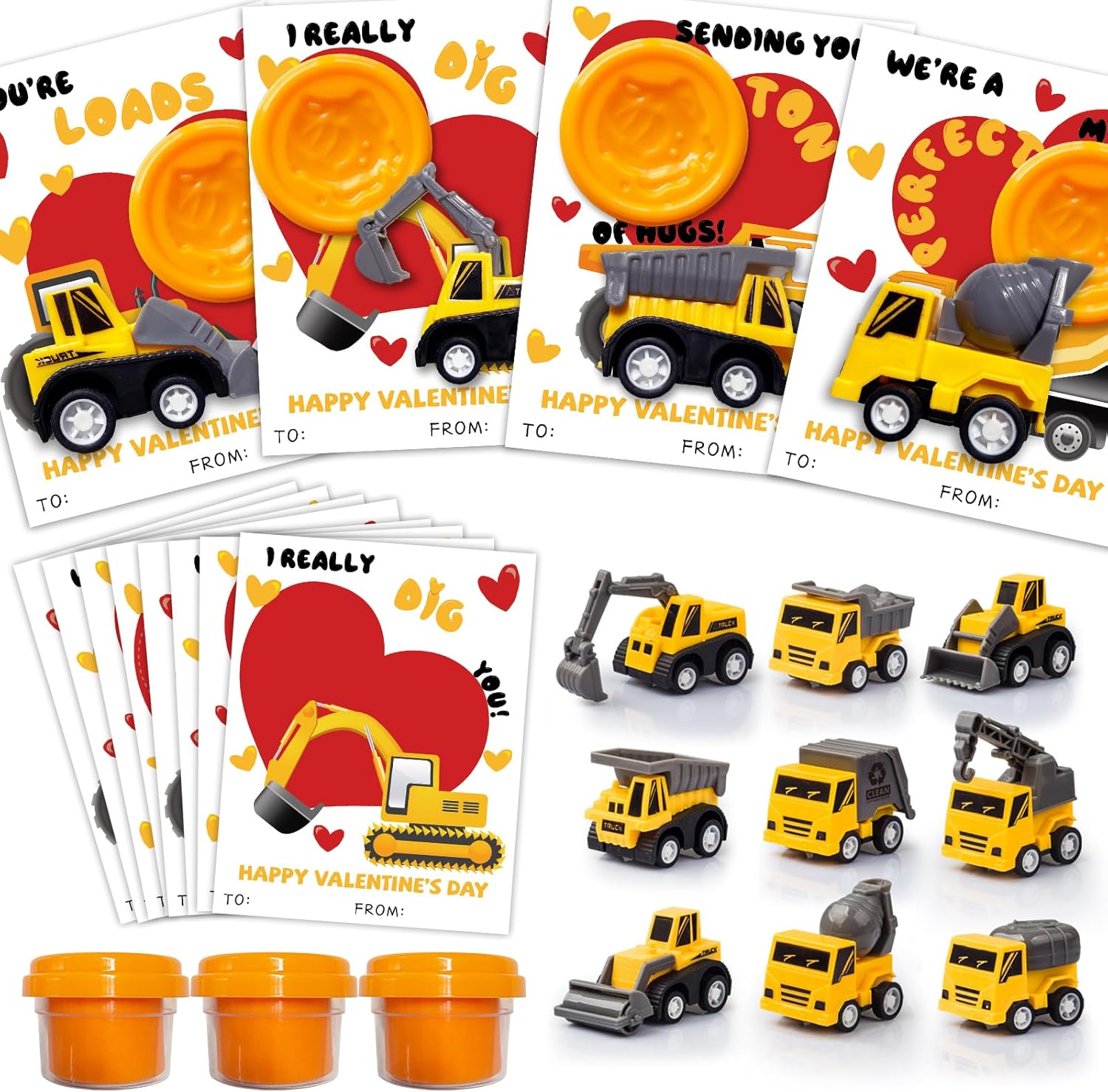 Construction Truck Valentine Cards with Toys Construction truck Valentine cards with mini toy trucks for kids classroom gifts