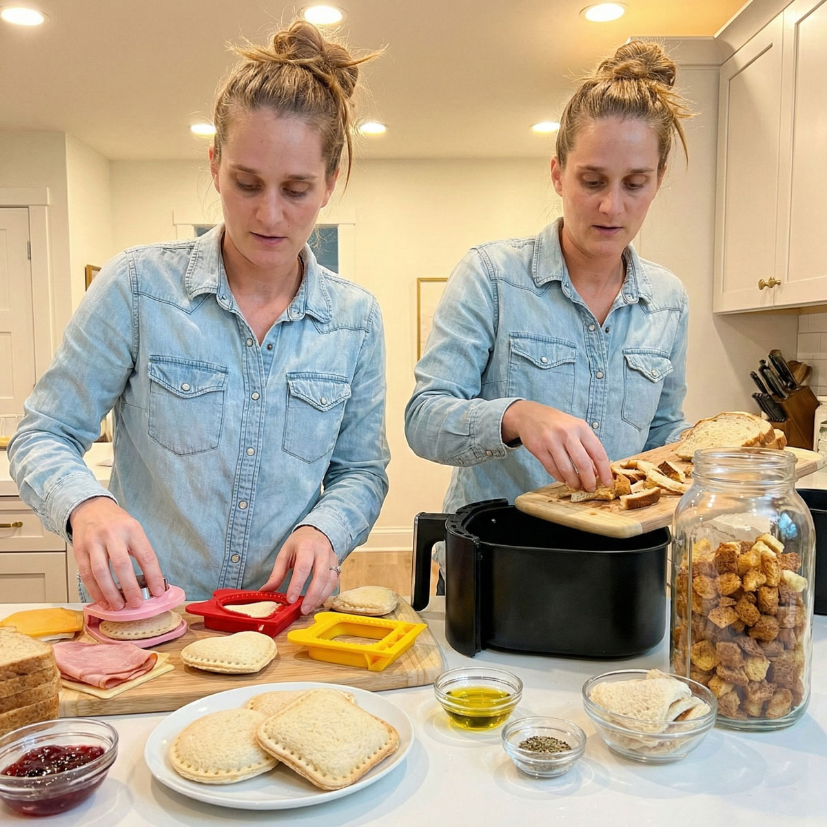 Zero Waste Lunch Hack: Sandwiches and Croutons A composite image showing a mom making DIY uncrustables with a sandwich sealer and using the leftover bread crusts to make croutons in an air fryer.