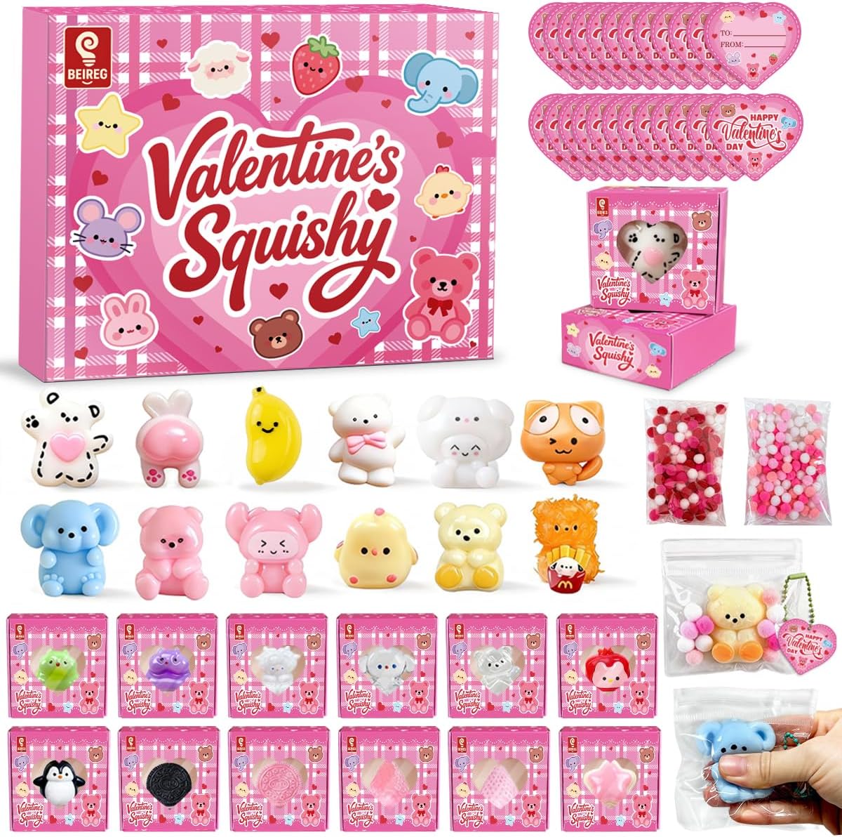 Taba Mochi Squishy Toys for Valentine’s Day Class Favors Assorted taba mochi squishy toys in animal shapes packaged as Valentine’s Day class favors for kids Taba-style squishy