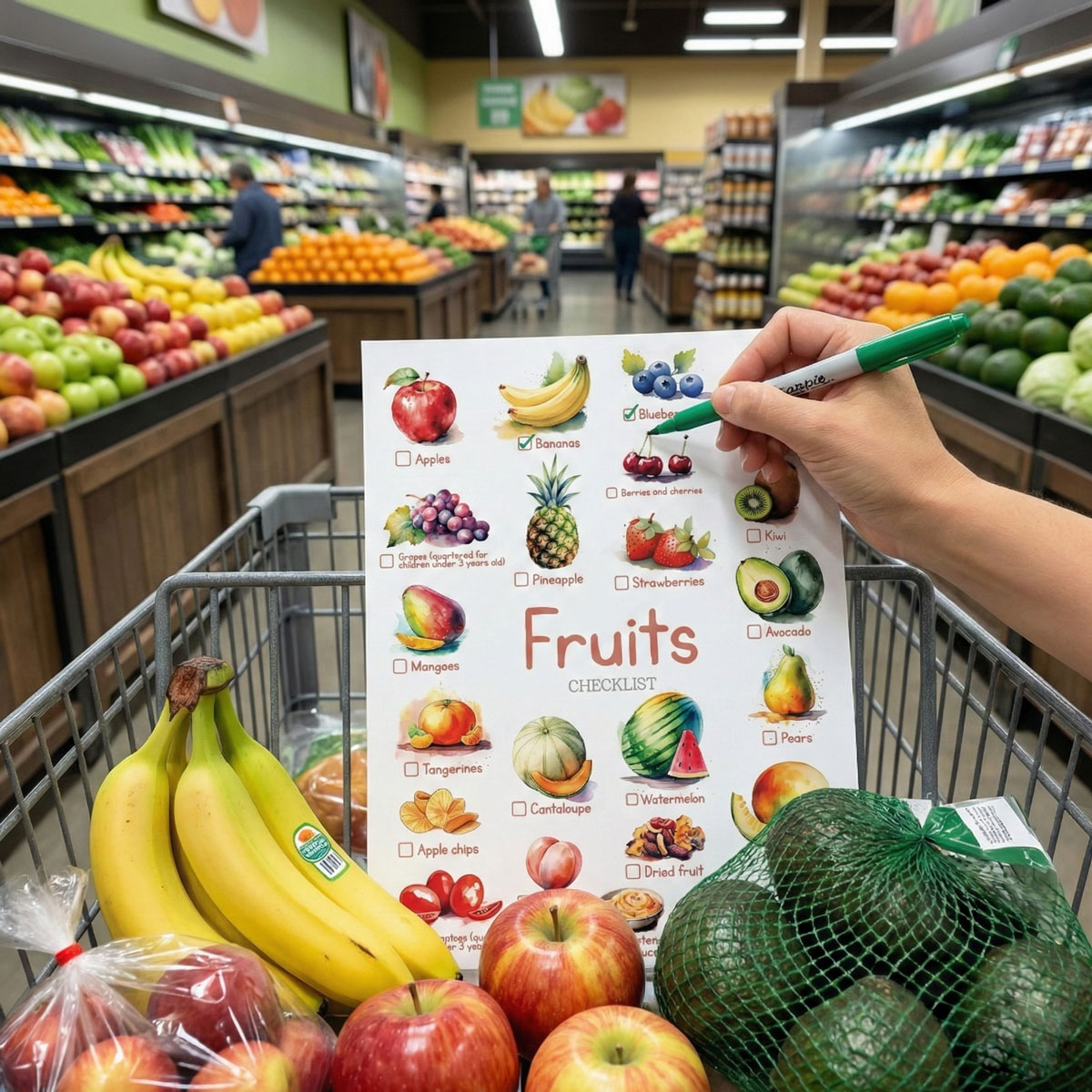 School Lunch Meal Prep Grocery List A hand holding a printable fruit grocery checklist over a shopping cart filled with bananas and fresh produce in a grocery store aisle.