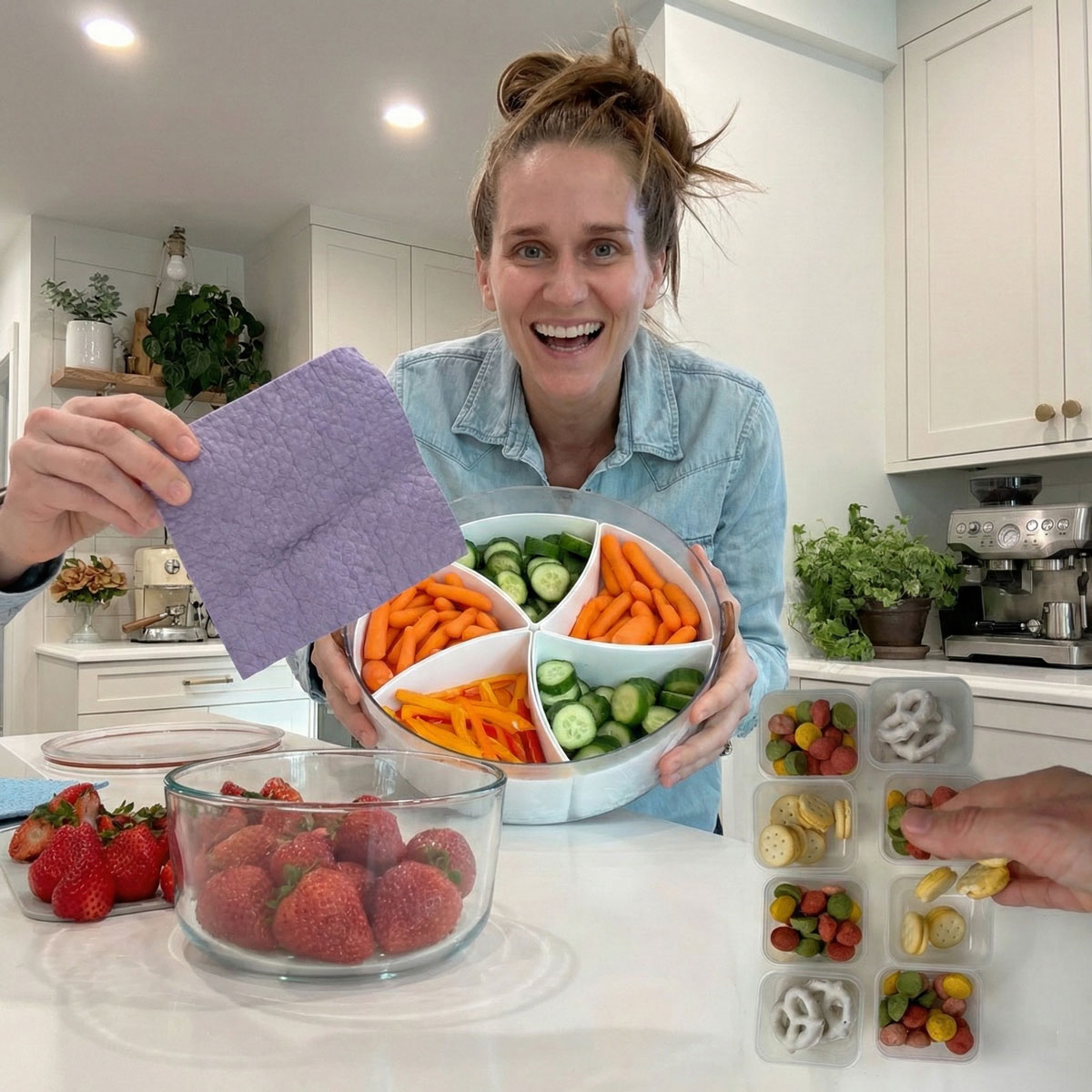 School Lunch Meal Prep Hacks: Veggies, Snacks, and Berries A collage showing school lunch meal prep hacks: a mom holding a Swedish dishcloth for fresh strawberries, a sectioned tray of cut vegetables, and pre-portioned snack containers.
