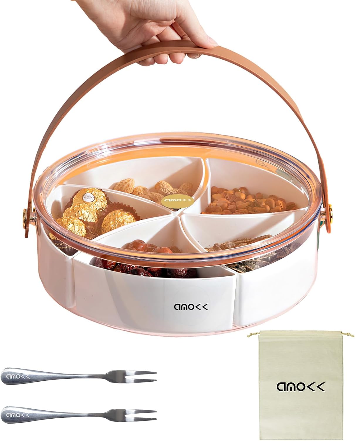 Sectioned Snack Container with Handle for Meal Prep Sectioned snack container with handle filled with nuts, dried fruit, and chocolates for organized meal prep