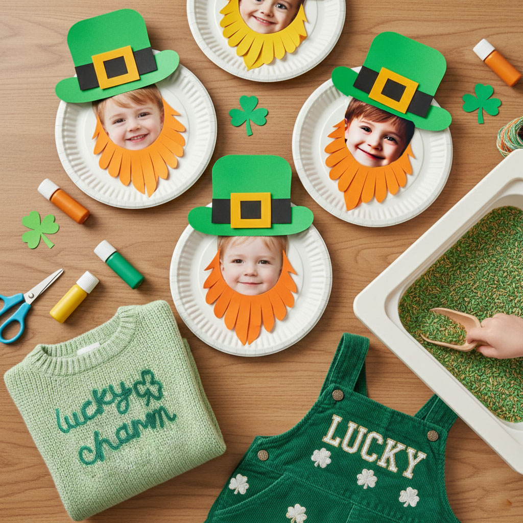 St. Patrick’s Day kids craft with paper plate leprechaun faces, green sensory bin rice, and lucky themed children’s clothing