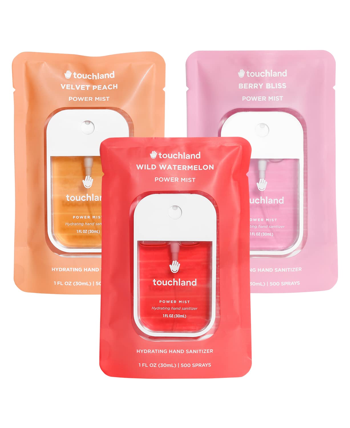 Touchland Power Mist Hand Sanitizer for Travel Touchland Power Mist hydrating hand sanitizer in Velvet Peach, Berry Bliss, and Wild Watermelon