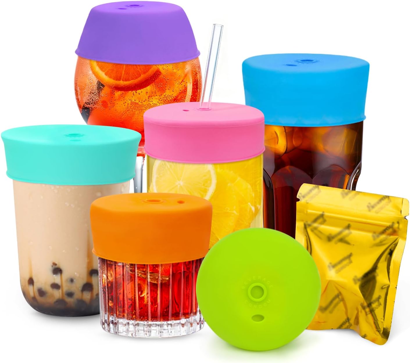 Silicone Straw Covers and Cup Toppers for Travel Drinks Colorful silicone straw covers and drink toppers on travel cups with iced drinks and boba<br />
