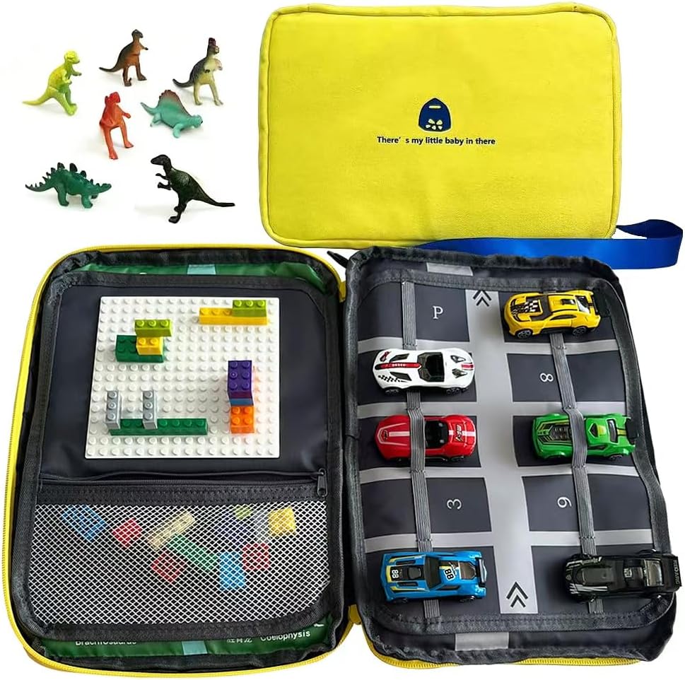 Kids Travel Busy Bag with Cars and Dinosaurs Kids travel busy bag with dinosaur figures, toy cars, parking mat, and building brick board<br />