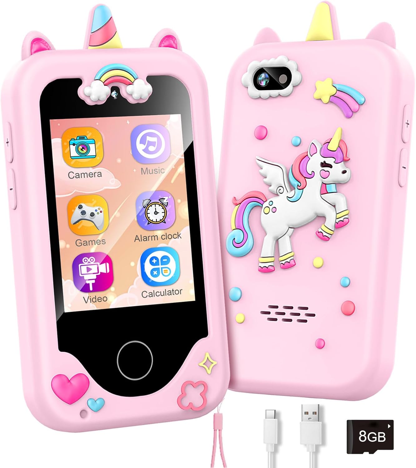 Unicorn Toy Phone Camera for Kids Pink unicorn toy phone camera for kids with games, music, video, and calculator features<br />