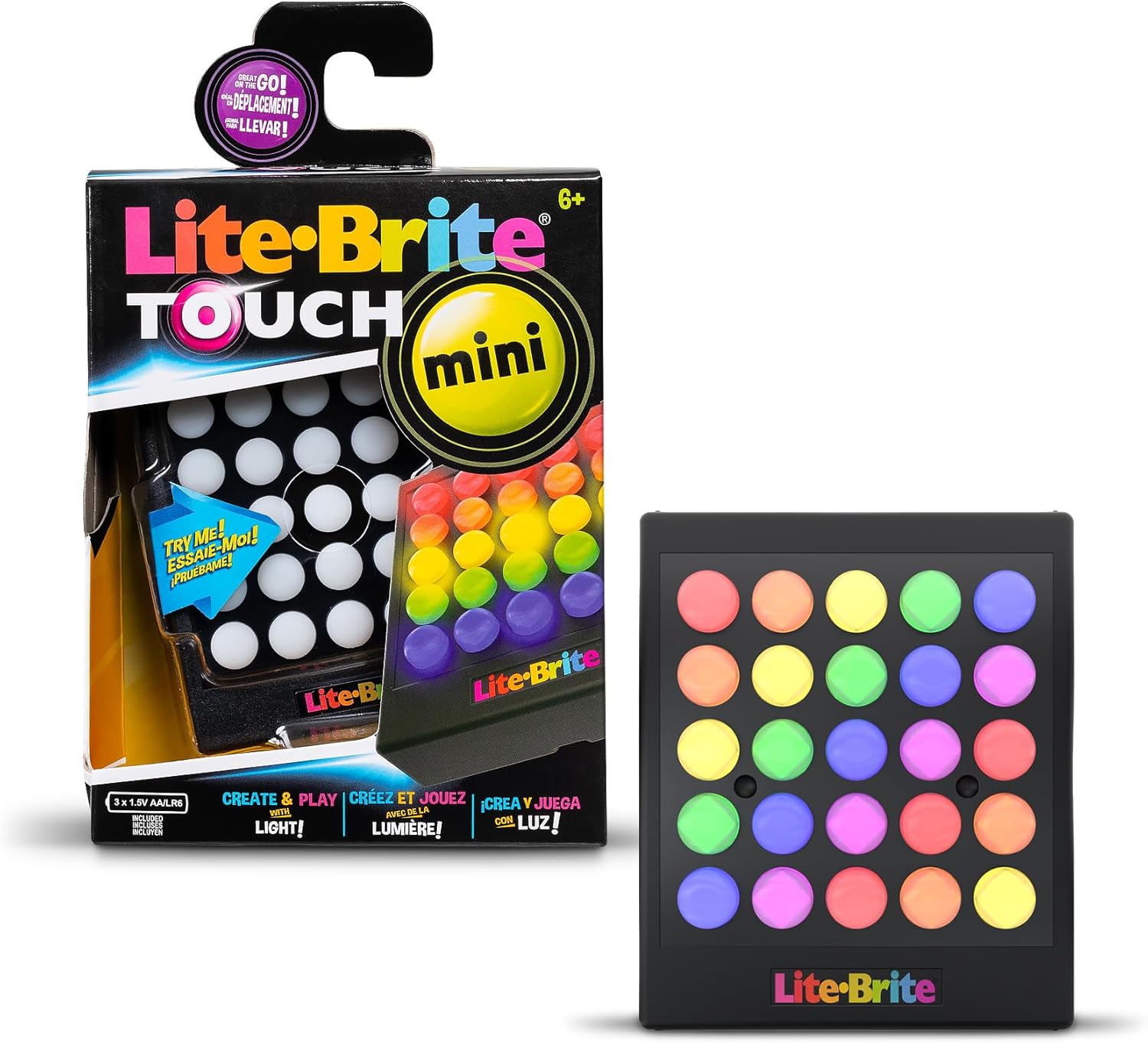 Lite-Brite Touch Mini Travel Toy for Kids Lite-Brite Touch Mini travel toy with colorful light-up dots and retail packaging<br />