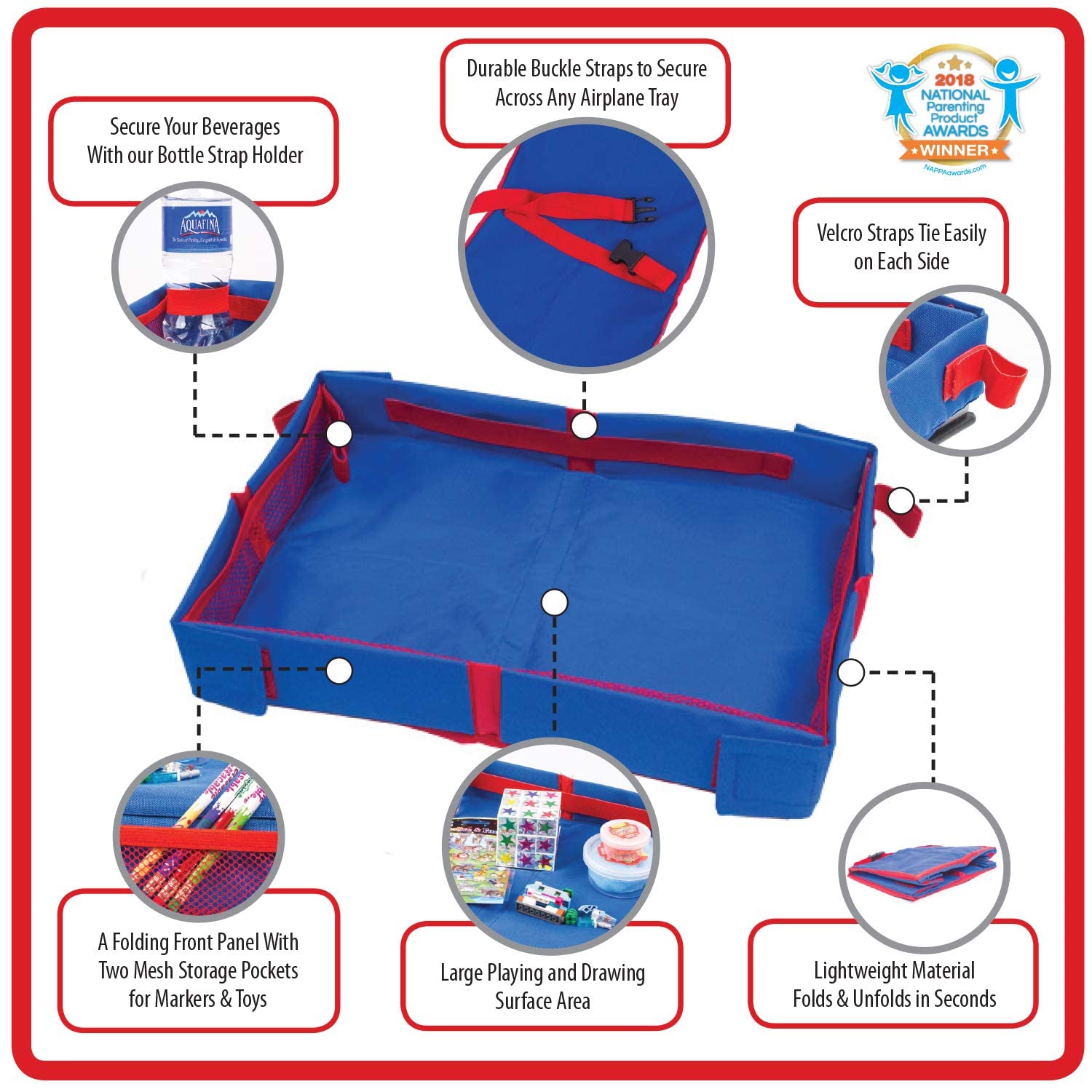 Kids Airplane Tray Table Cover for Travel Kids airplane tray table cover with storage pockets, buckle straps, and drawing surface<br />