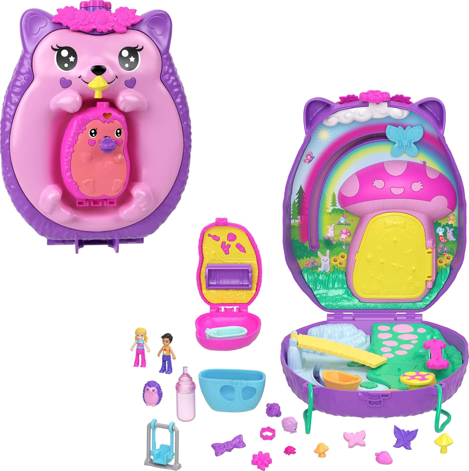 Purple Compact Rainbow Mushroom House Travel Playset Purple and pink compact toy playset that opens into a rainbow mushroom house with mini figures and accessories<br />