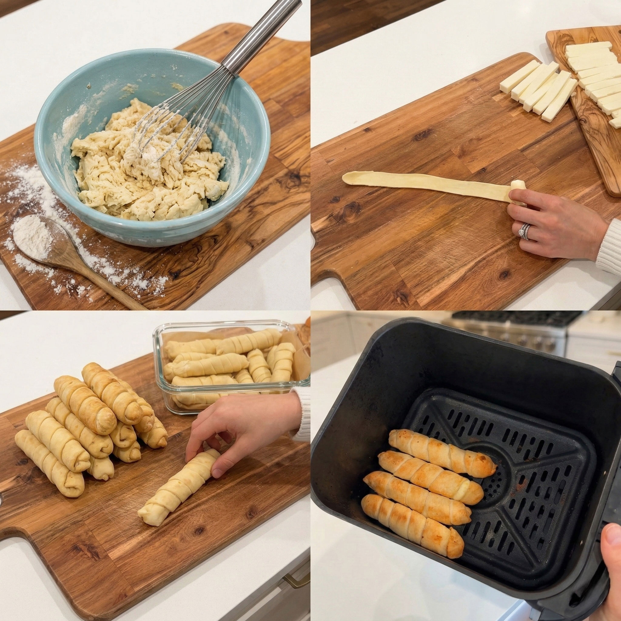 Air Fryer Tequeños Step-by-Step (Prep, Freeze, Air Fry) Four-photo collage showing tequeños being made, dough mixed in a bowl, dough strip rolled out beside sliced cheese, tequeños assembled on a board, and tequeños cooking in an air fryer basket.