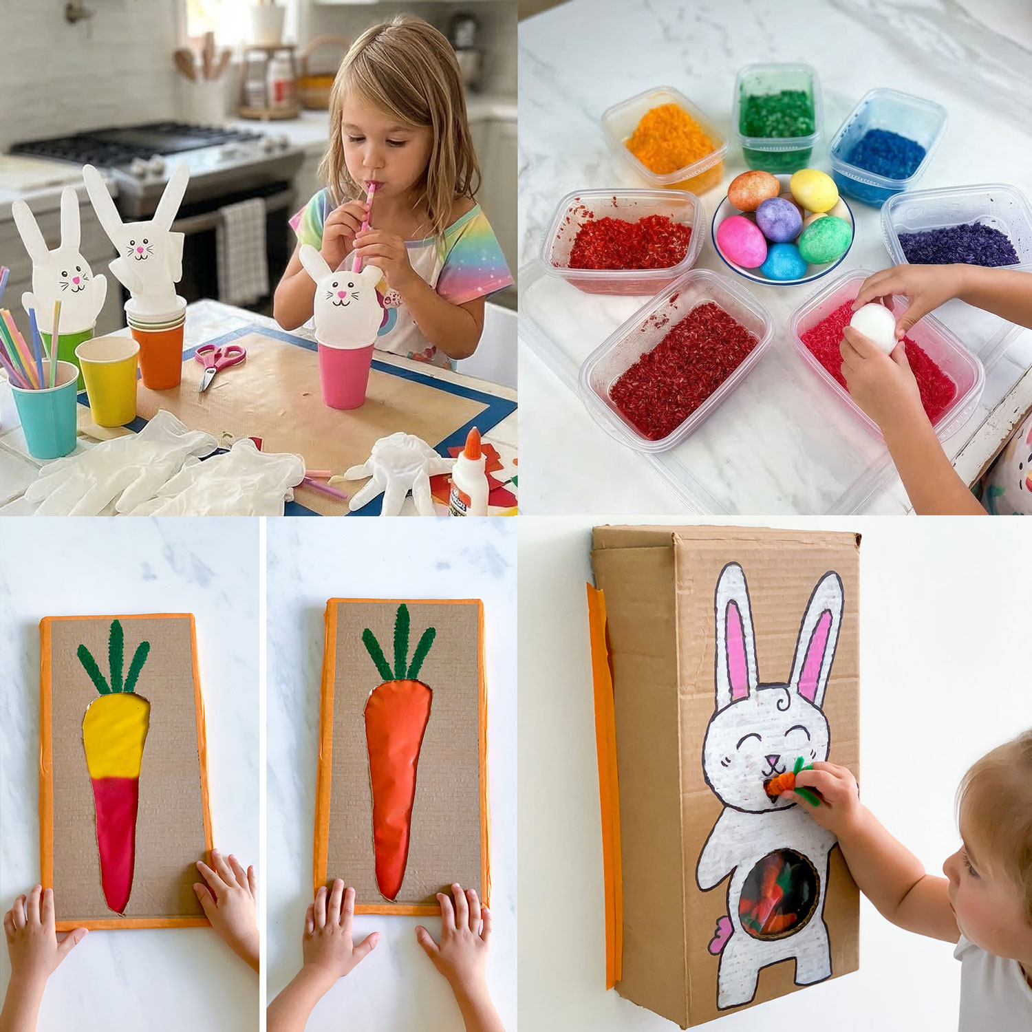 Easter Activities for Kids Easter activities for kids including bunny crafts, decorating Easter eggs, carrot sensory craft, and DIY cardboard Easter bunny activity
