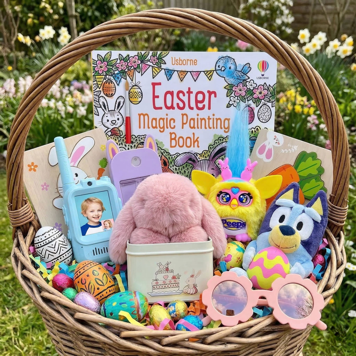 Easter Basket Ideas for Kids Easter basket filled with toys, books, crafts, and treats as Easter ideas for kids including stuffed animals, coloring book, and decorated eggs