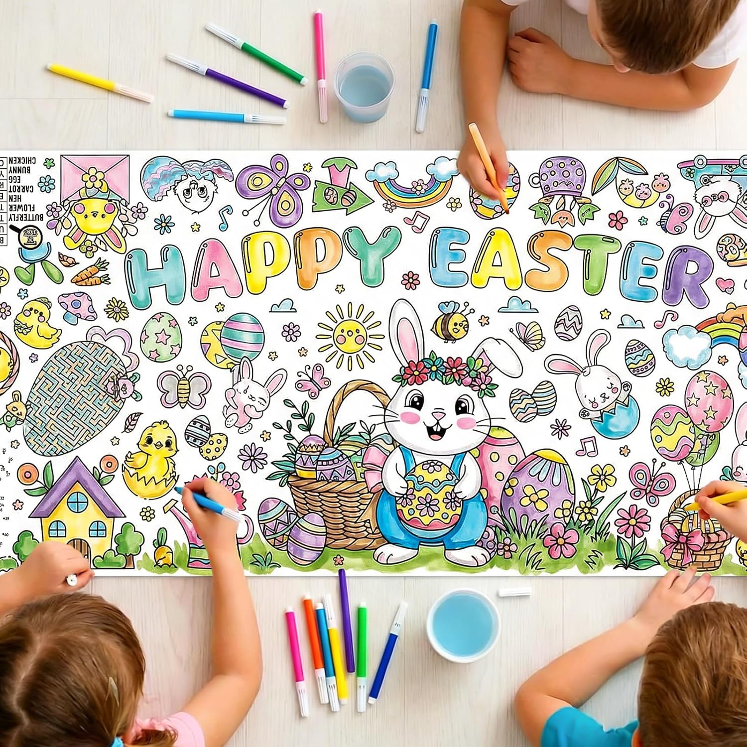 Easter Coloring Poster for Kids Kids coloring a large Easter coloring poster with bunny, eggs, chicks, and spring designs as Easter ideas for kids activity