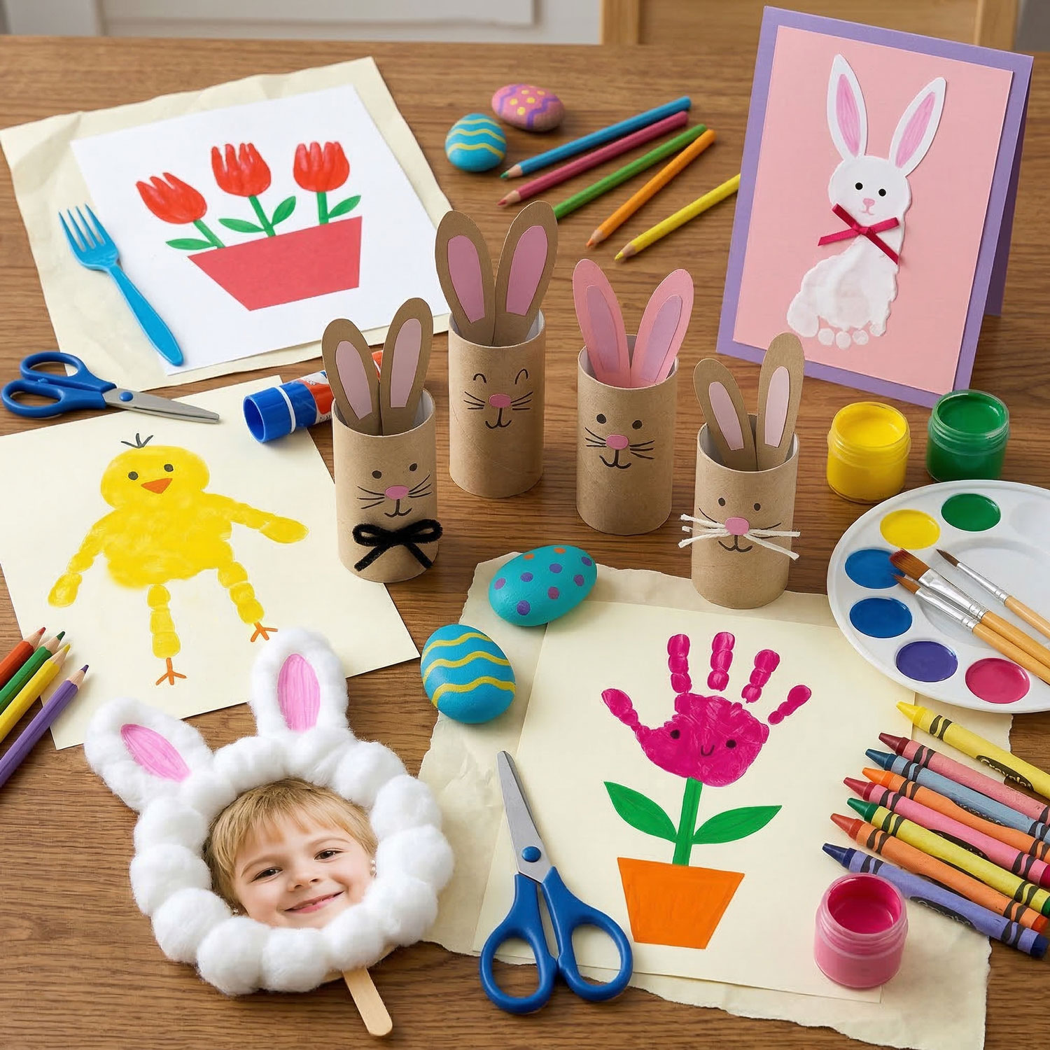 Easter craft ideas for kids including bunny toilet paper roll crafts, handprint flower art, chick painting, and spring art supplies on a table