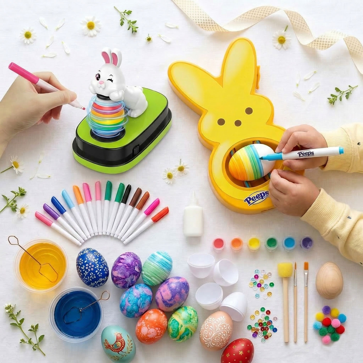 Easter Egg Decorating Ideas for Kids You said<br />
in square format, make a lifestyle overlay image for instagram of these fun easter egg decorating kits. you do not need to include the product boxes. please include every decorating product. do not change the artwork or designs of the products. do not add text. it should feel like spring / easter background but not overly decorated, please make it natural. make the background bright, white, clean, spring-themed