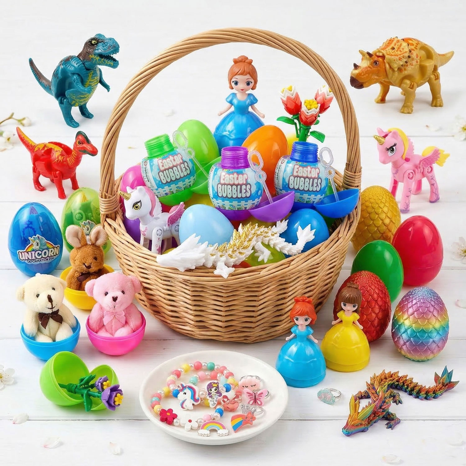Easter Egg Fillers and Easter Basket Ideas for Kids in square format, make a lifestyle overlay image for instagram of these fun easter-themed easter egg prizes. you do not need to include the product boxes. please include every prize type. do not change the artwork or designs of the prizes. do not add text. it should feel like spring / easter background but not overly decorated. feature 2-3 of each type of prize type, but no more to avoid clutter. prizes and eggs can be both in and out of an easter basket. make the background bright, white, clean, spring-themed