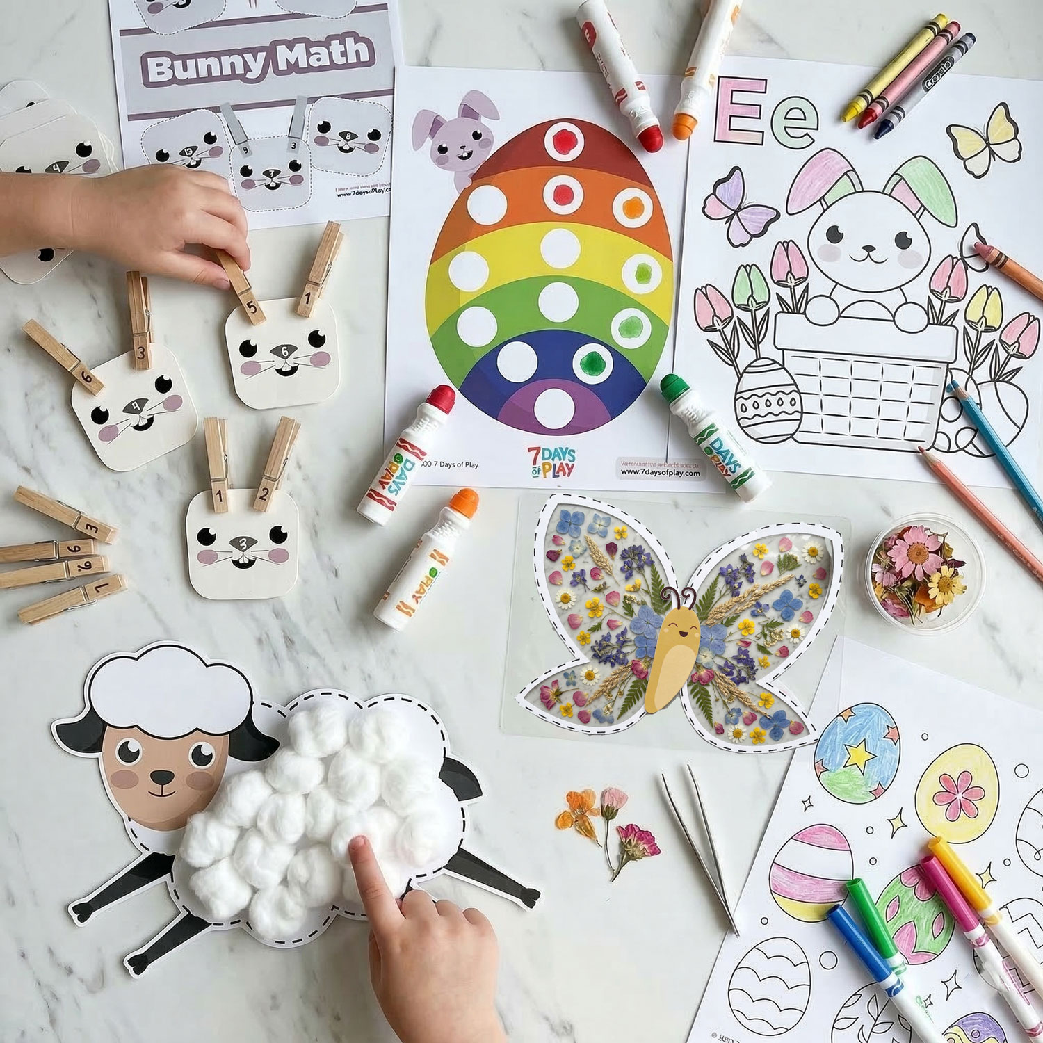 Printable Easter Worksheets for Kids Printable Easter worksheets for kids including bunny math activity, Easter egg coloring page, sheep craft, and spring themed learning printables