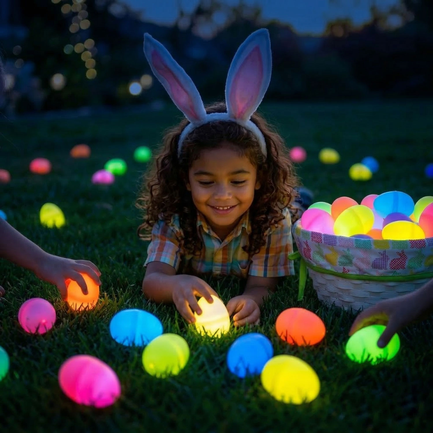 Glow in the Dark Easter Egg Hunt for Kids Child wearing bunny ears playing with glow in the dark Easter eggs during a nighttime Easter egg hunt outdoors