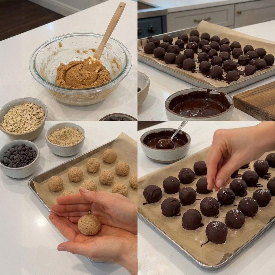 How to Make Low Sugar High Protein Snack Balls Step-by-step collage showing low sugar high protein snack balls being mixed, rolled, dipped in chocolate, and set on a parchment-lined tray with a sprinkle of flaky salt.