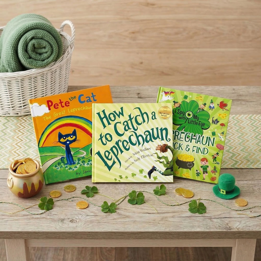 Best St. Patrick’s Day Books for Kids Children’s St. Patrick’s Day books including Pete the Cat The Great Leprechaun Chase and How to Catch a Leprechaun displayed with shamrocks and gold coins.